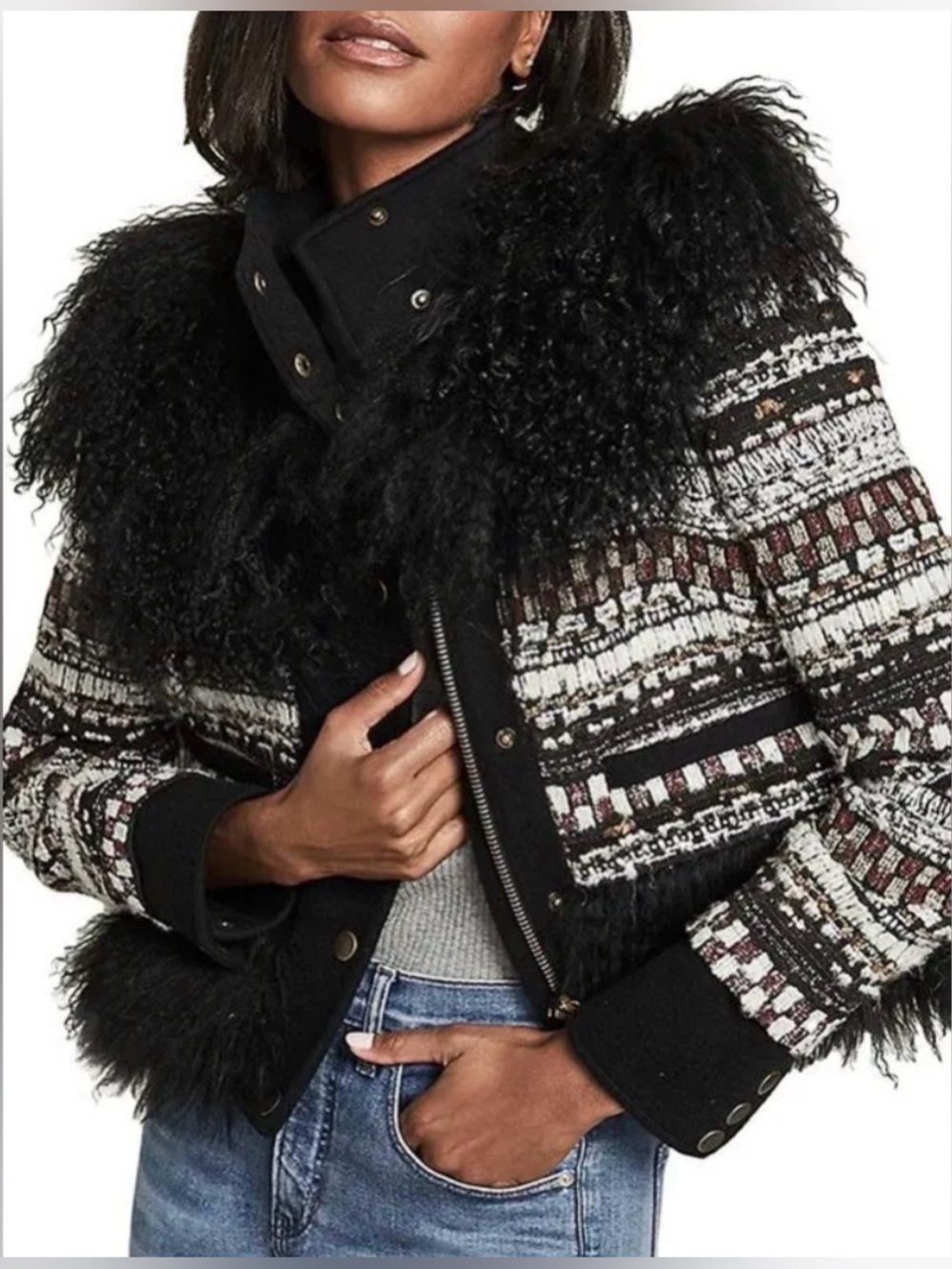Veronica Beard Nelway Multi Tweed Faux Fur Trim Down Jacket XL NWT